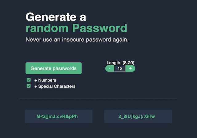 dark blue and bright green password generating app